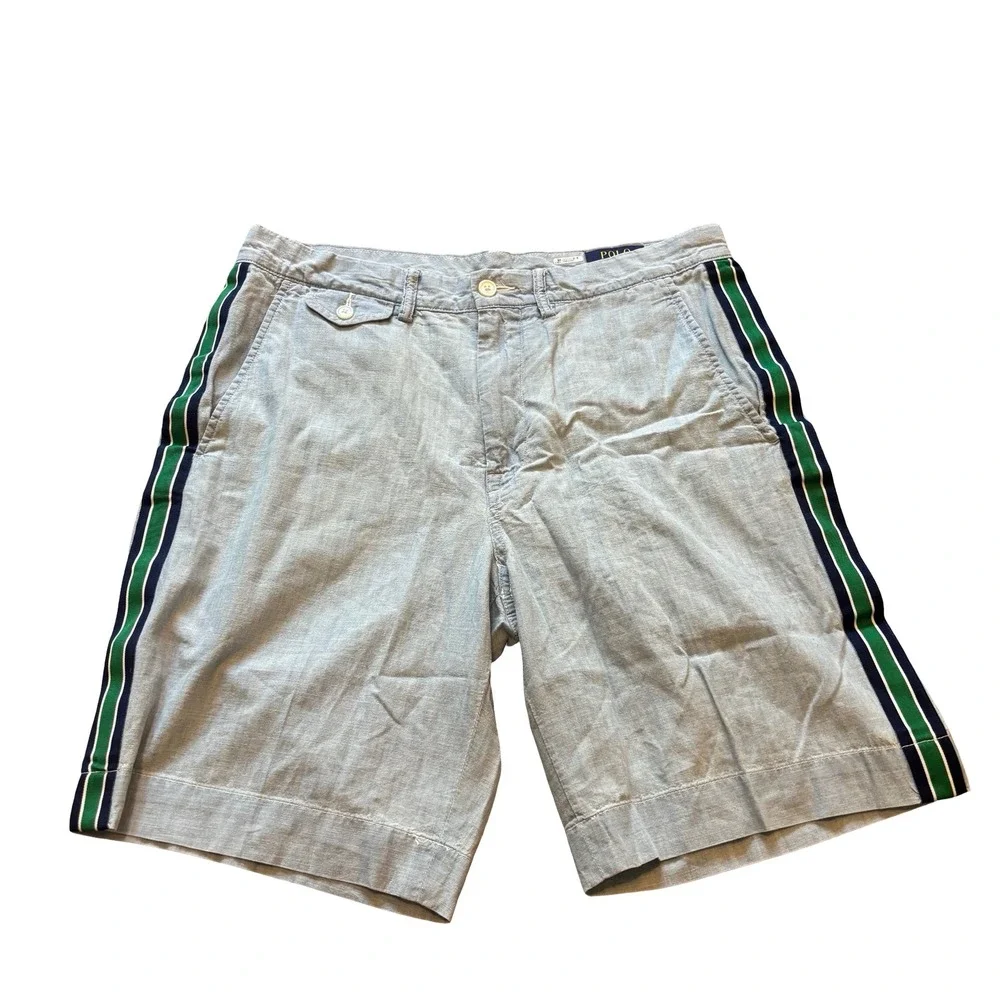 Polo Ralph Lauren Mens 32 Classic Fit Chambray Shorts Blue Green Side Stripe